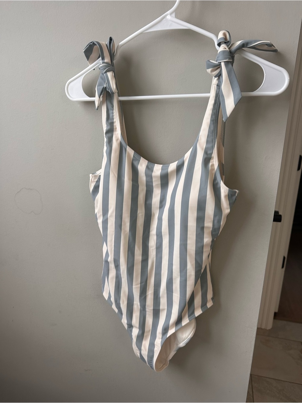 Rylee + Cru Blue and Cream Striped Tie-Shoulder One-Piece